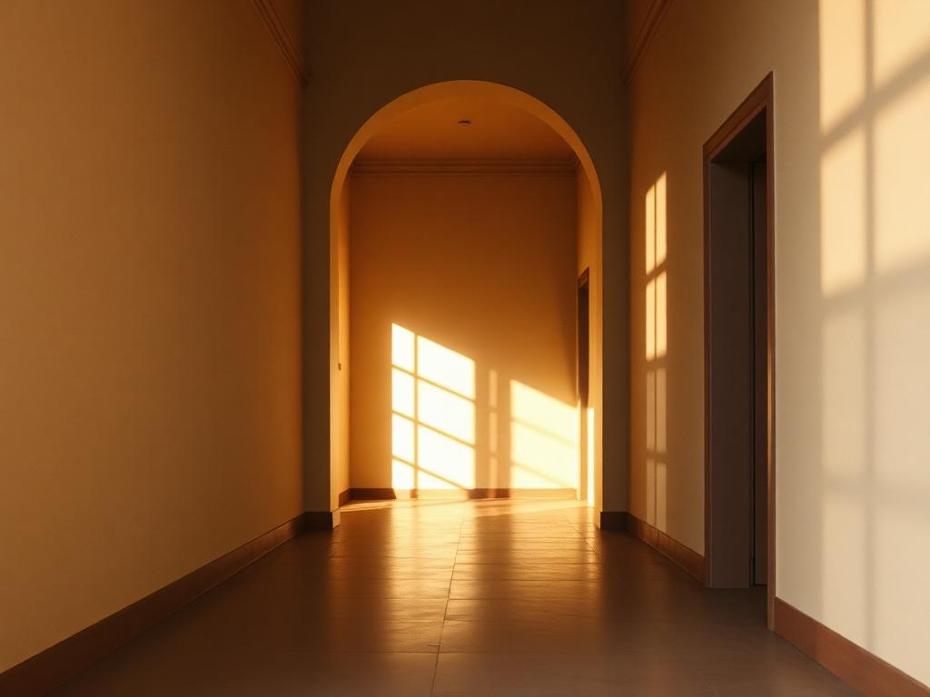 Daylight falling through an arched doorway onto a warm hallway floor